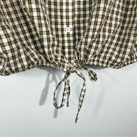 Madewell Seersucker Textured Button Up Green Plaid Tie Bottom Top Large L - Picture 7 of 7